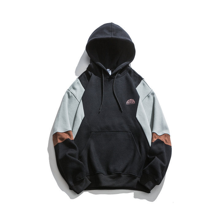 Japanese fashion brand color blocked hooded unisex sweatshirt , retro city boy versatile casual top