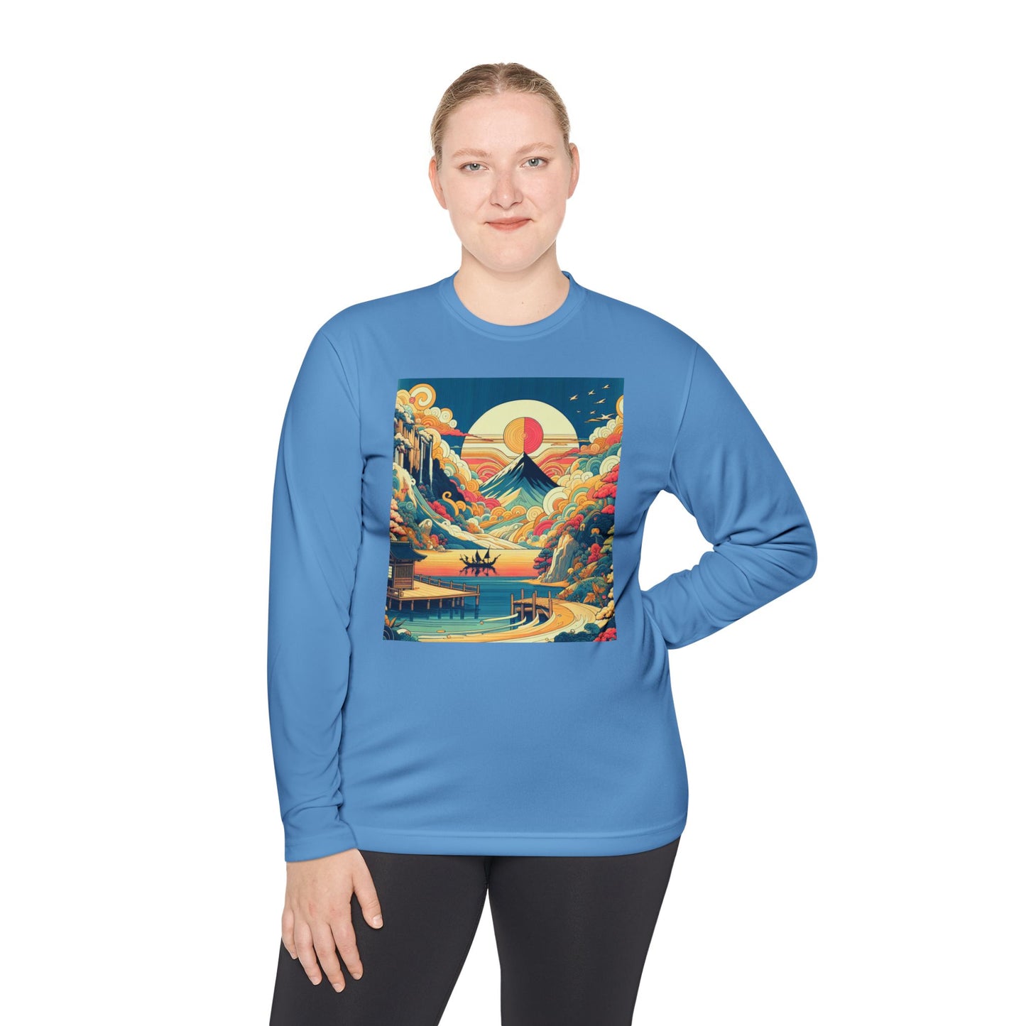 Unisex Lightweight Long Sleeve Tee with Mountain Sunset Design | Perfect for Casual Outings, Travel, Gifts, or Layering in Any Season,