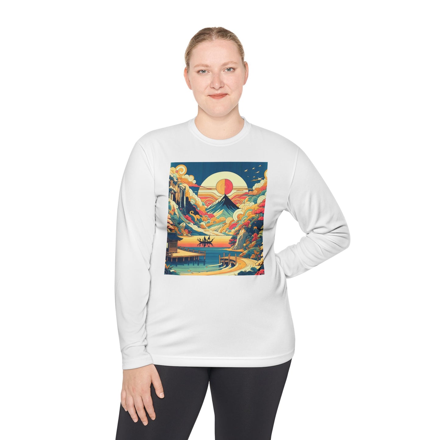 Unisex Lightweight Long Sleeve Tee with Mountain Sunset Design | Perfect for Casual Outings, Travel, Gifts, or Layering in Any Season,