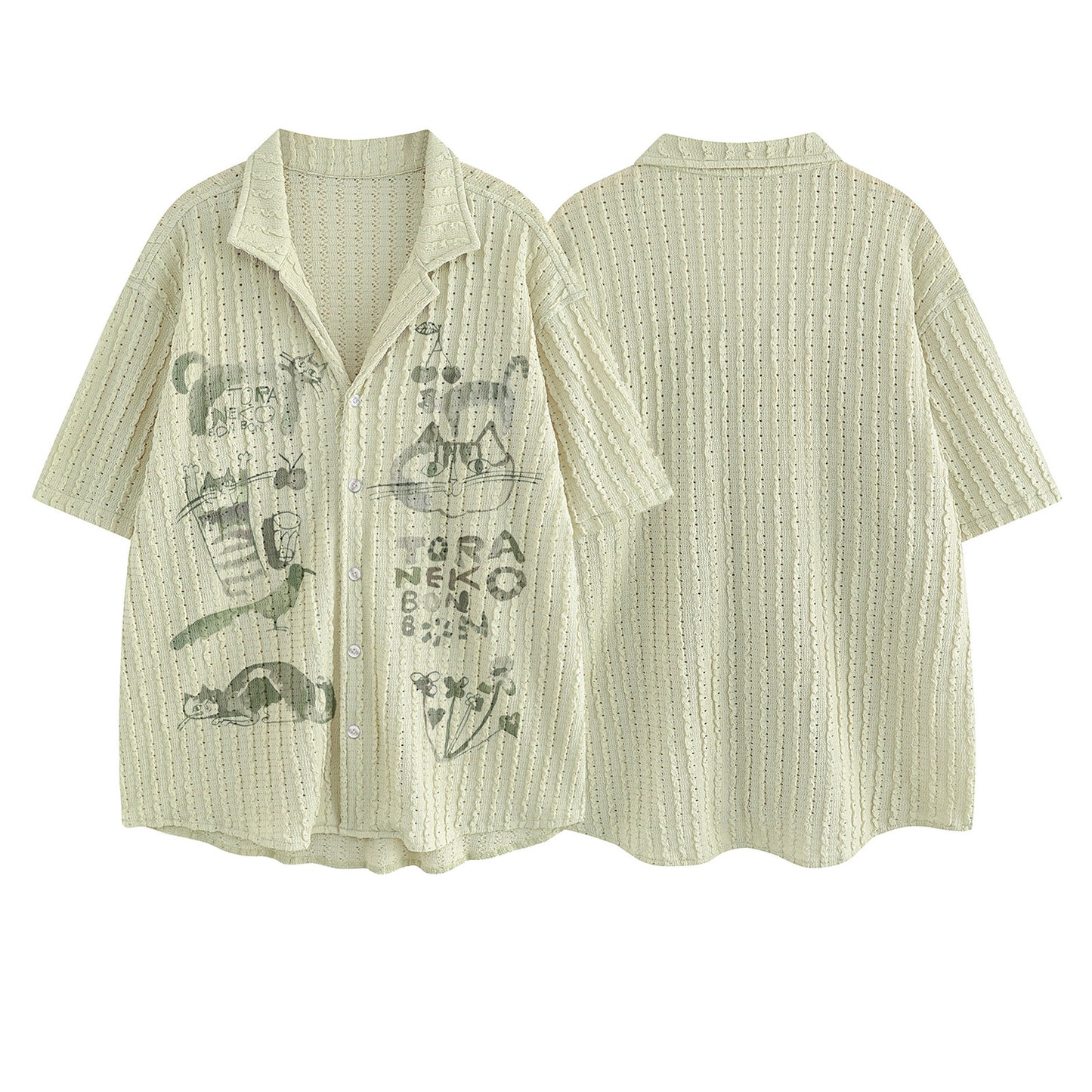 Retro Fun Print Short Sleeve Shirt Unisex Loose Casual Couple Hollow Out Blouse