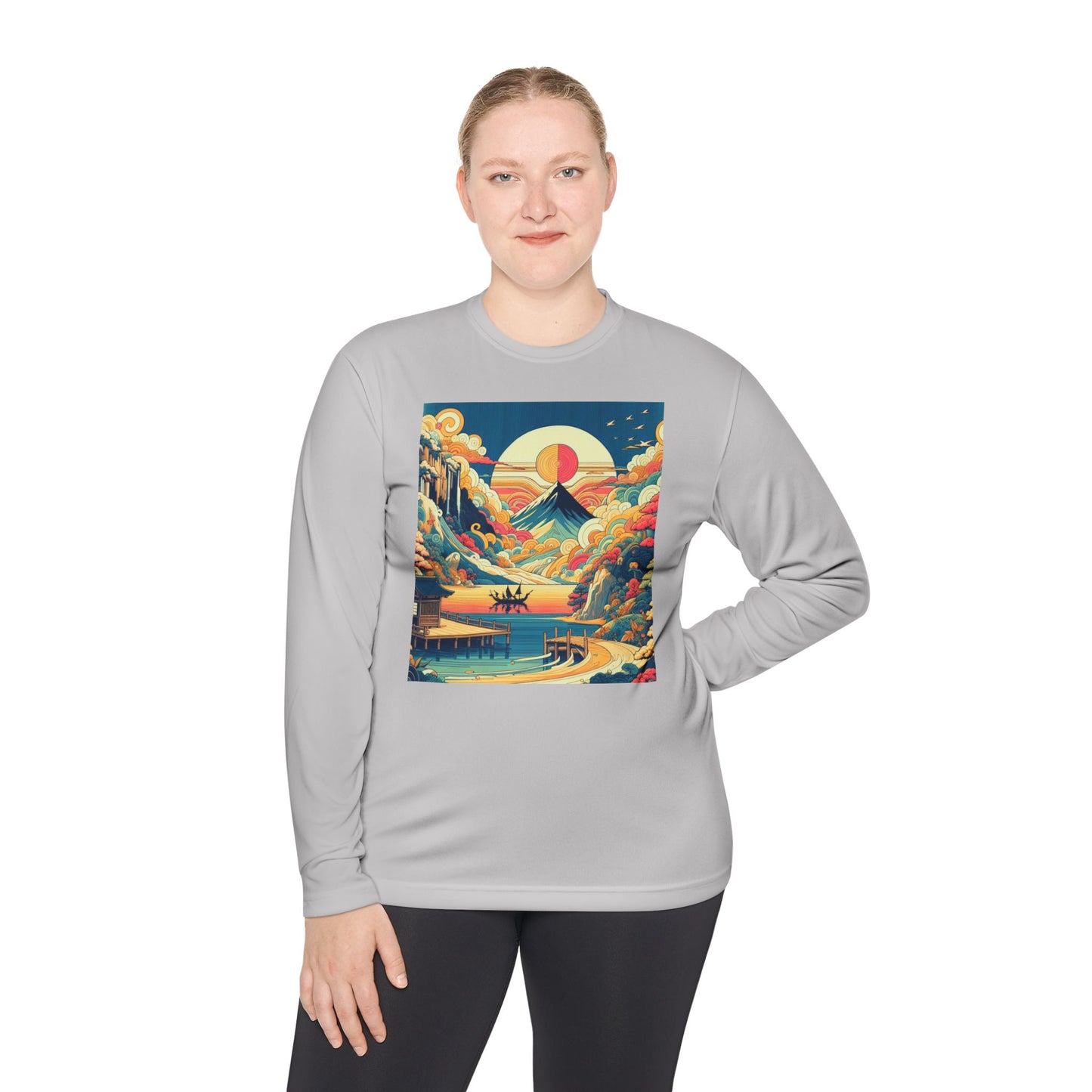 Unisex Lightweight Long Sleeve Tee with Mountain Sunset Design | Perfect for Casual Outings, Travel, Gifts, or Layering in Any Season,