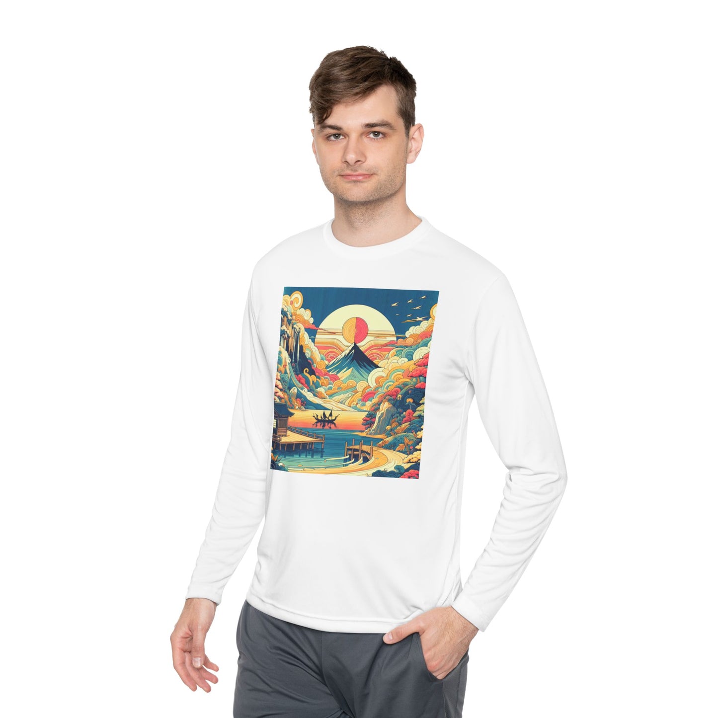 Unisex Lightweight Long Sleeve Tee with Mountain Sunset Design | Perfect for Casual Outings, Travel, Gifts, or Layering in Any Season,