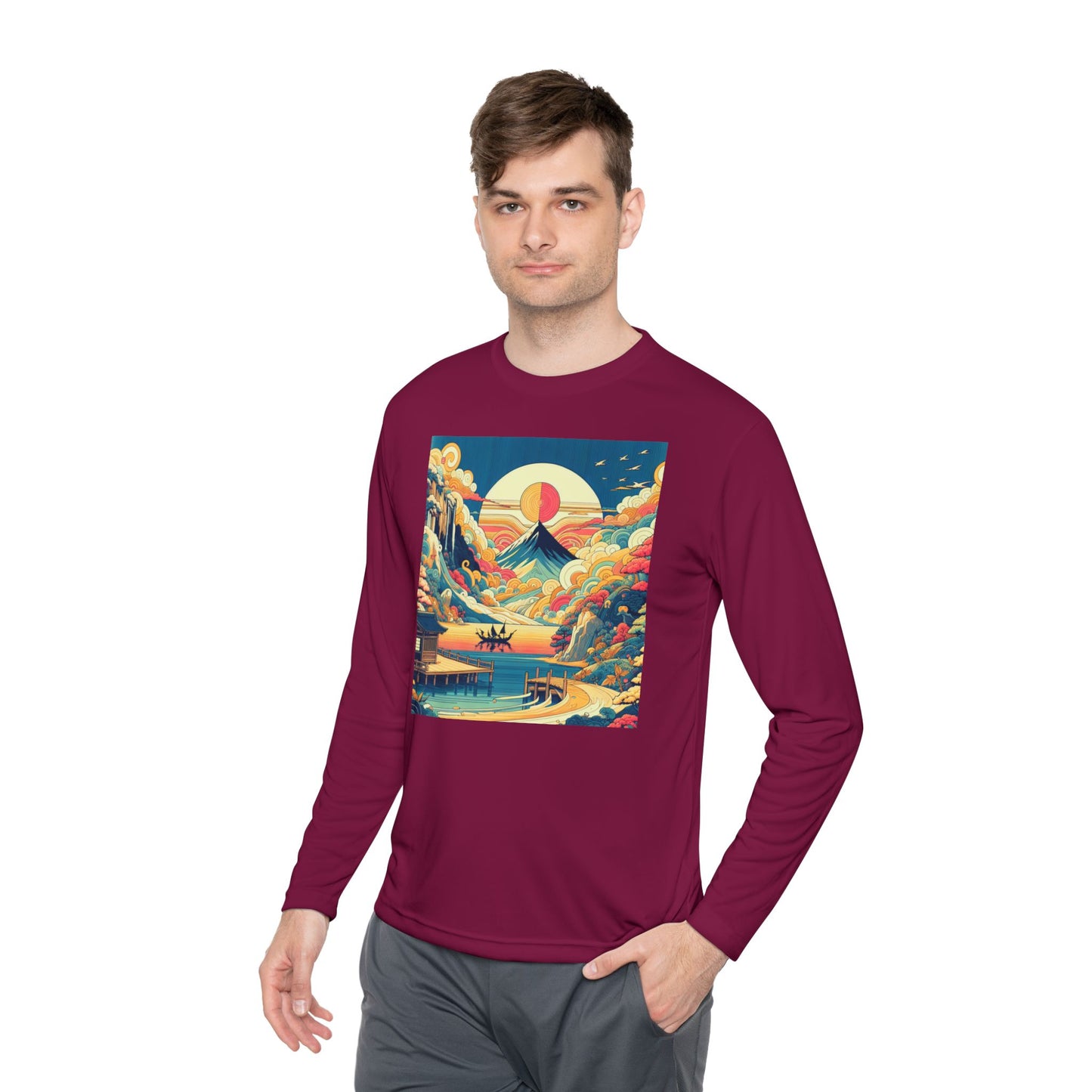 Unisex Lightweight Long Sleeve Tee with Mountain Sunset Design | Perfect for Casual Outings, Travel, Gifts, or Layering in Any Season,