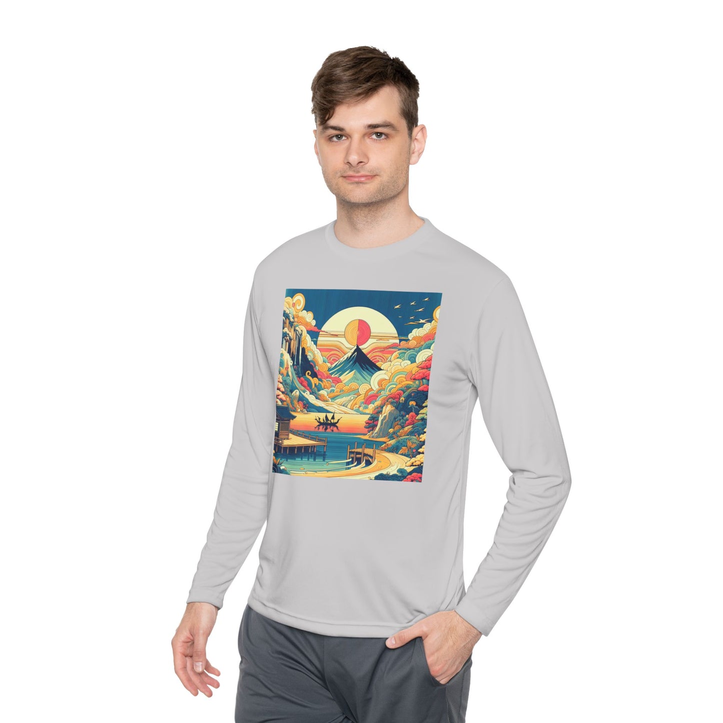 Unisex Lightweight Long Sleeve Tee with Mountain Sunset Design | Perfect for Casual Outings, Travel, Gifts, or Layering in Any Season,