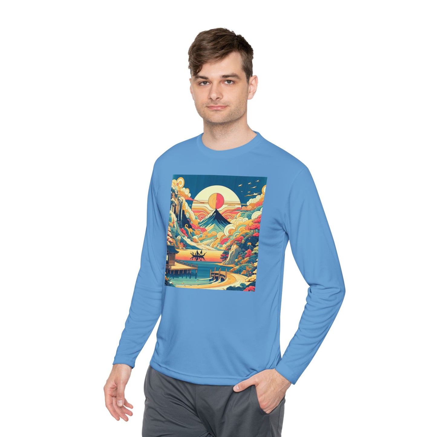Unisex Lightweight Long Sleeve Tee with Mountain Sunset Design | Perfect for Casual Outings, Travel, Gifts, or Layering in Any Season,