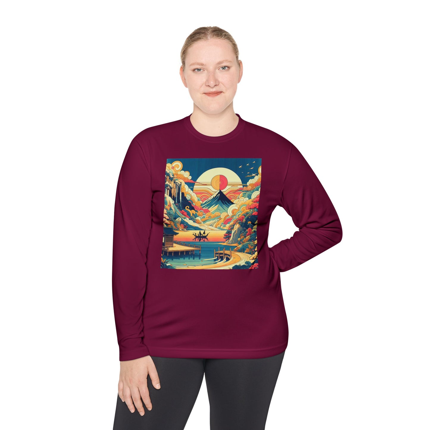 Unisex Lightweight Long Sleeve Tee with Mountain Sunset Design | Perfect for Casual Outings, Travel, Gifts, or Layering in Any Season,