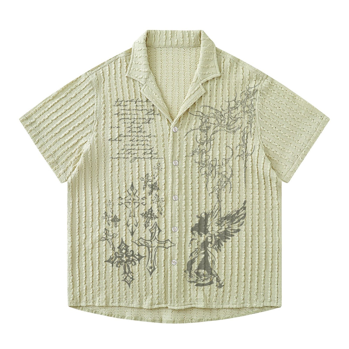 Retro Design Printed Hollow Short Sleeve Shirt for Men and Women, Loose Casual Couple Blouse