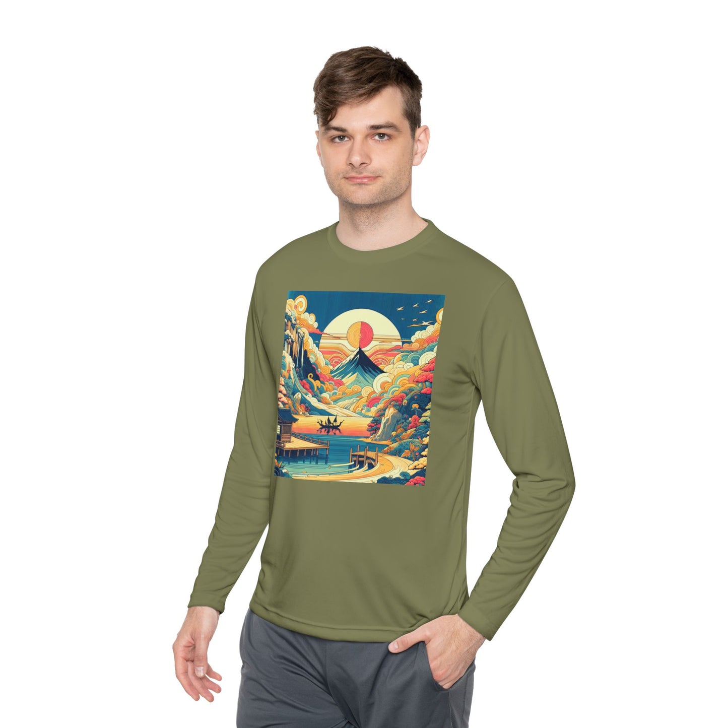 Unisex Lightweight Long Sleeve Tee with Mountain Sunset Design | Perfect for Casual Outings, Travel, Gifts, or Layering in Any Season,