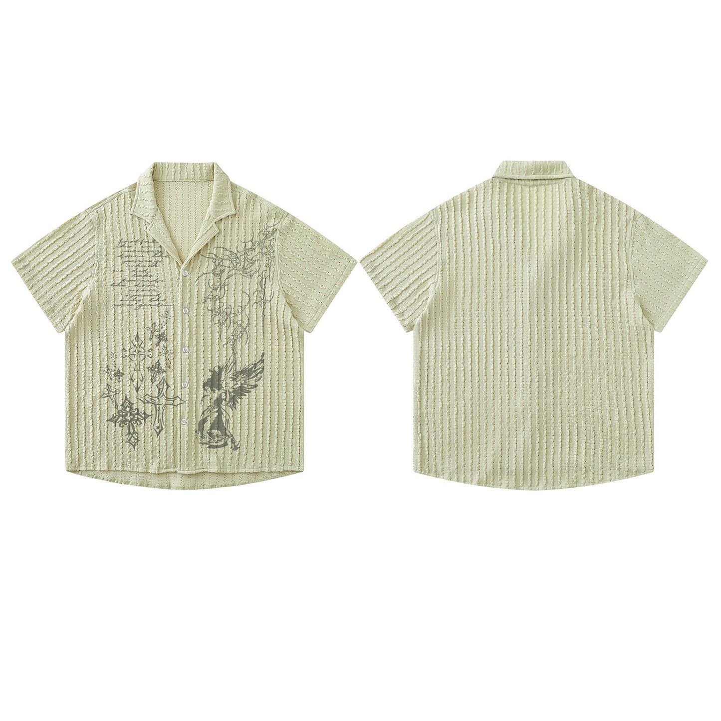 Retro Design Printed Hollow Short Sleeve Shirt for Men and Women, Loose Casual Couple Blouse