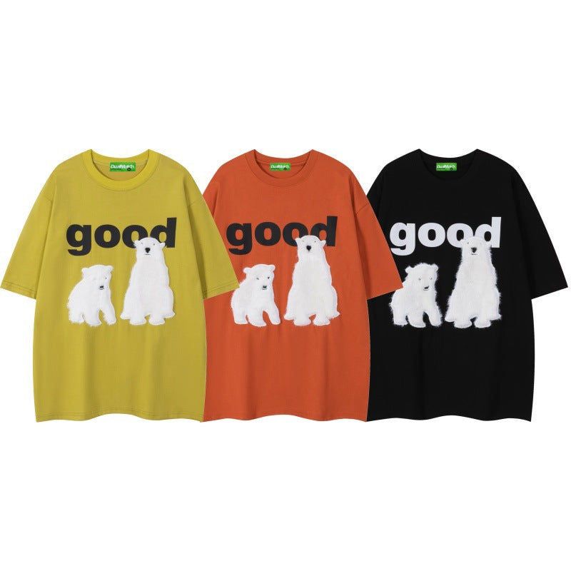 Polar bear plush round neck loose short sleeved T-shirt for men