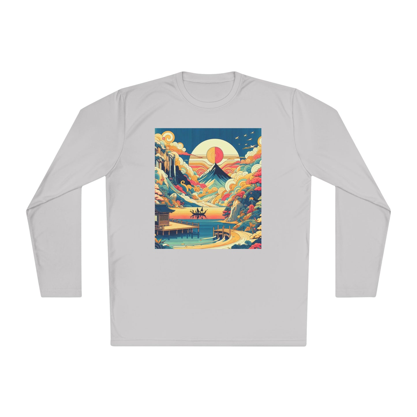 Unisex Lightweight Long Sleeve Tee with Mountain Sunset Design | Perfect for Casual Outings, Travel, Gifts, or Layering in Any Season,