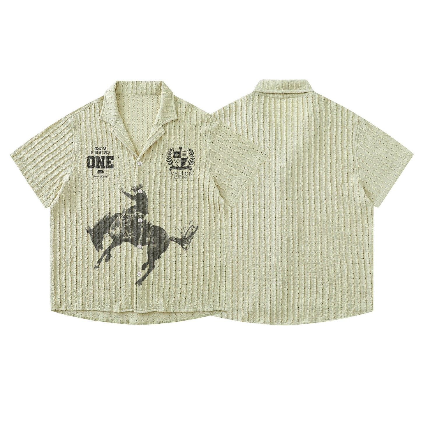 Retro Galloping Horse Print Short Sleeve Shirt for Men and Women, Hollow Loose Casual Lazy Style Couple Shirt