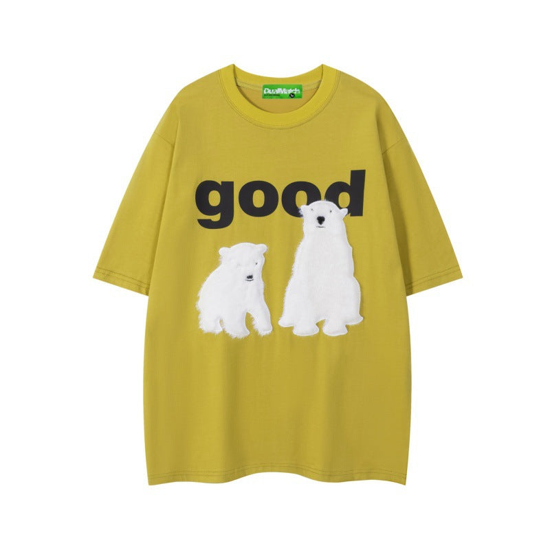 Polar bear plush round neck loose short sleeved T-shirt for men