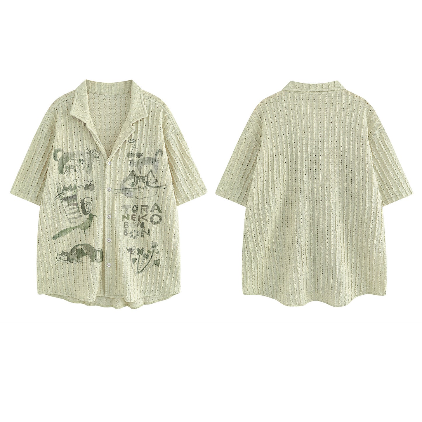 Retro Fun Print Short Sleeve Shirt Unisex Loose Casual Couple Hollow Out Blouse