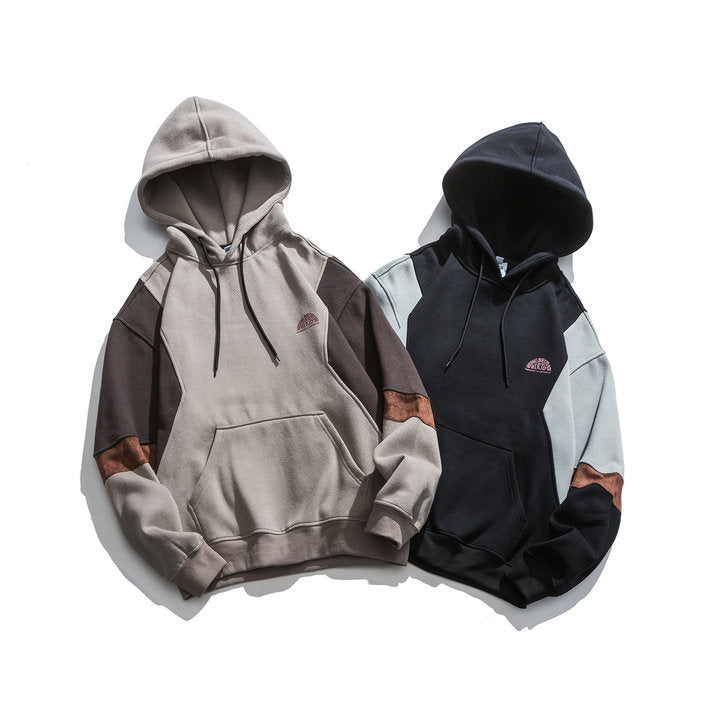 Japanese fashion brand color blocked hooded unisex sweatshirt , retro city boy versatile casual top