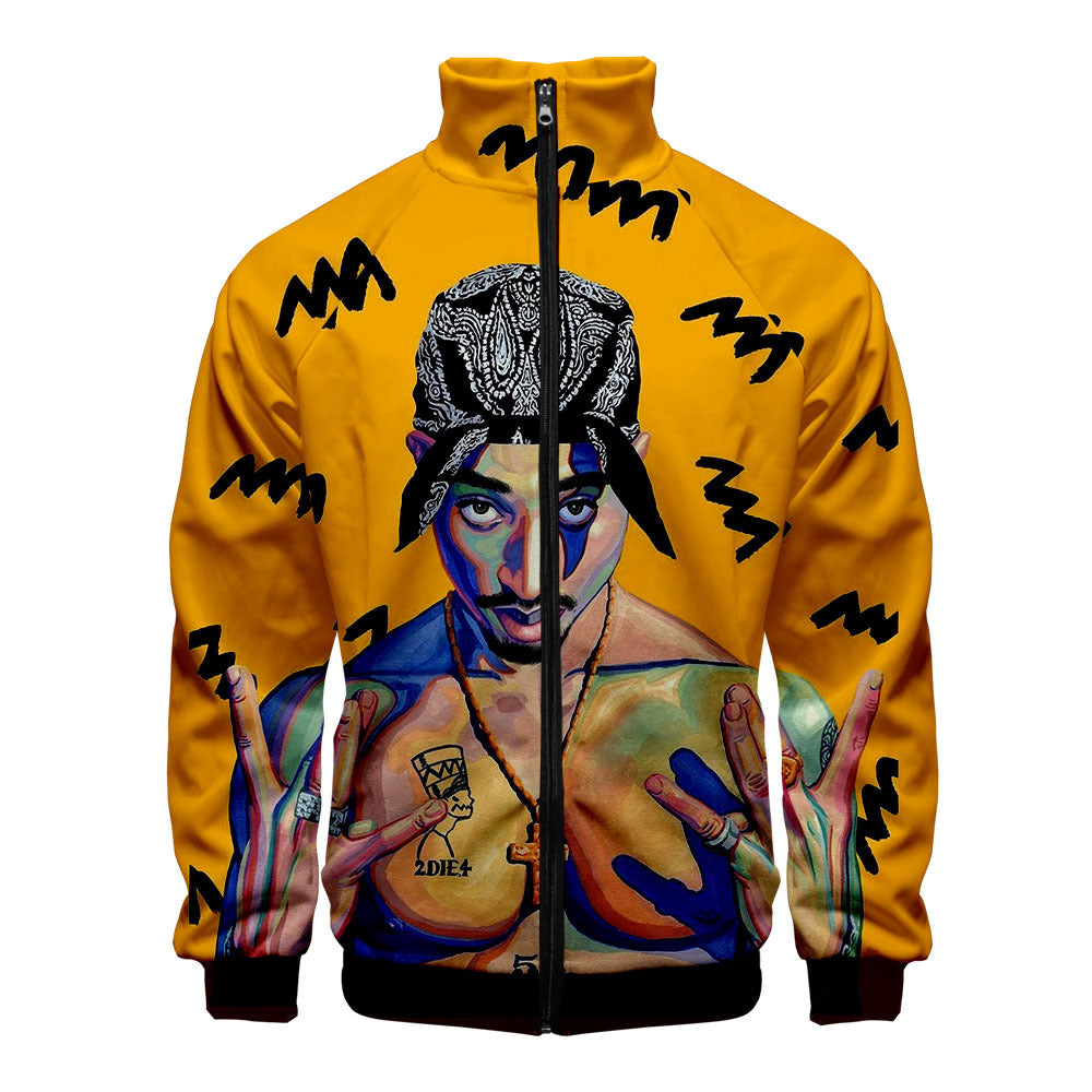 Rap singer 2PAC peripheral 3D color printed casual stand up collar sweatshirt