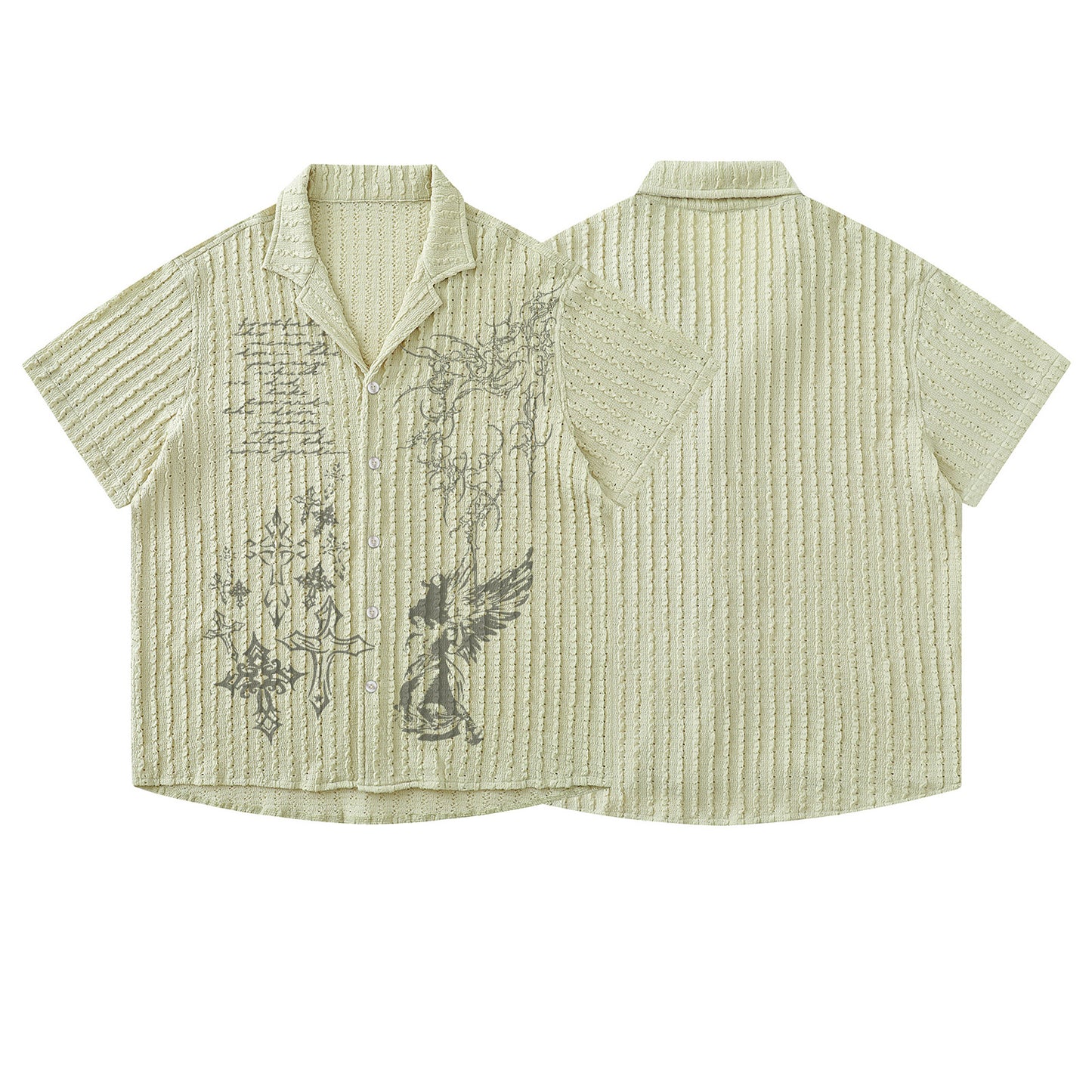 Retro Design Printed Hollow Short Sleeve Shirt for Men and Women, Loose Casual Couple Blouse