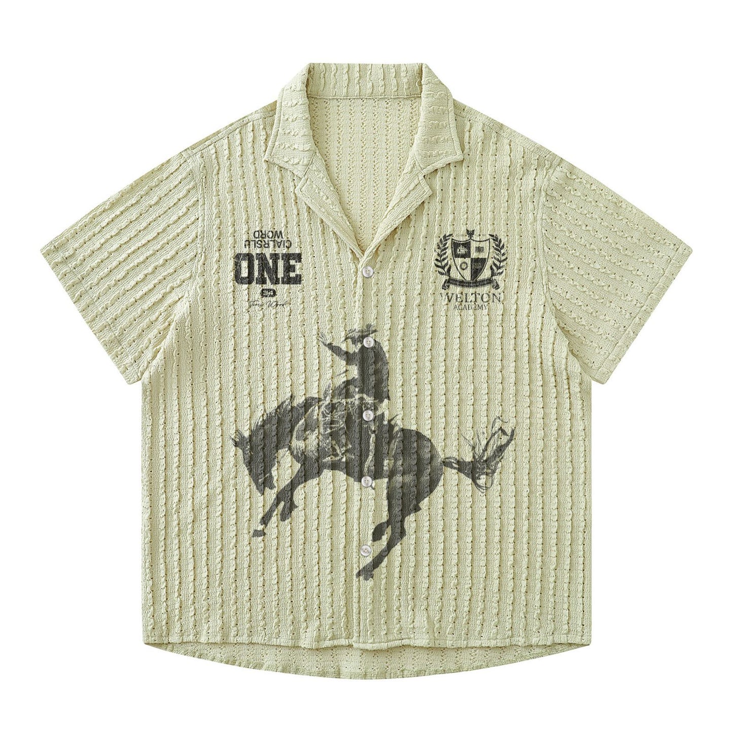 Retro Galloping Horse Print Short Sleeve Shirt for Men and Women, Hollow Loose Casual Lazy Style Couple Shirt
