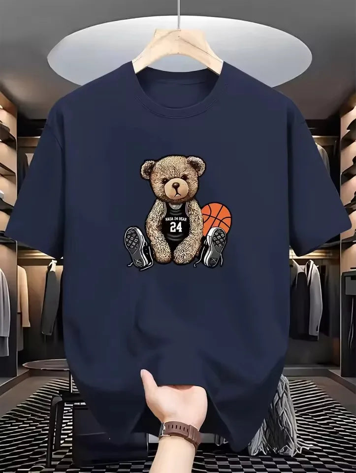 Men's Summer 100% Cotton Fashion Casual Loose Large Size Street Casual Bear Print Sports Crew Neck Short Sleeve T-Shirt