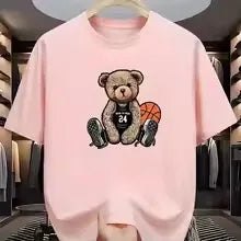 Men's Summer 100% Cotton Fashion Casual Loose Large Size Street Casual Bear Print Sports Crew Neck Short Sleeve T-Shirt