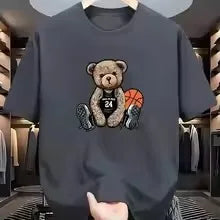 Men's Summer 100% Cotton Fashion Casual Loose Large Size Street Casual Bear Print Sports Crew Neck Short Sleeve T-Shirt