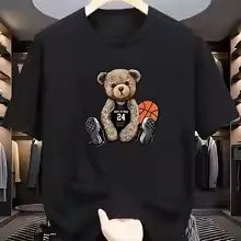 Men's Summer 100% Cotton Fashion Casual Loose Large Size Street Casual Bear Print Sports Crew Neck Short Sleeve T-Shirt