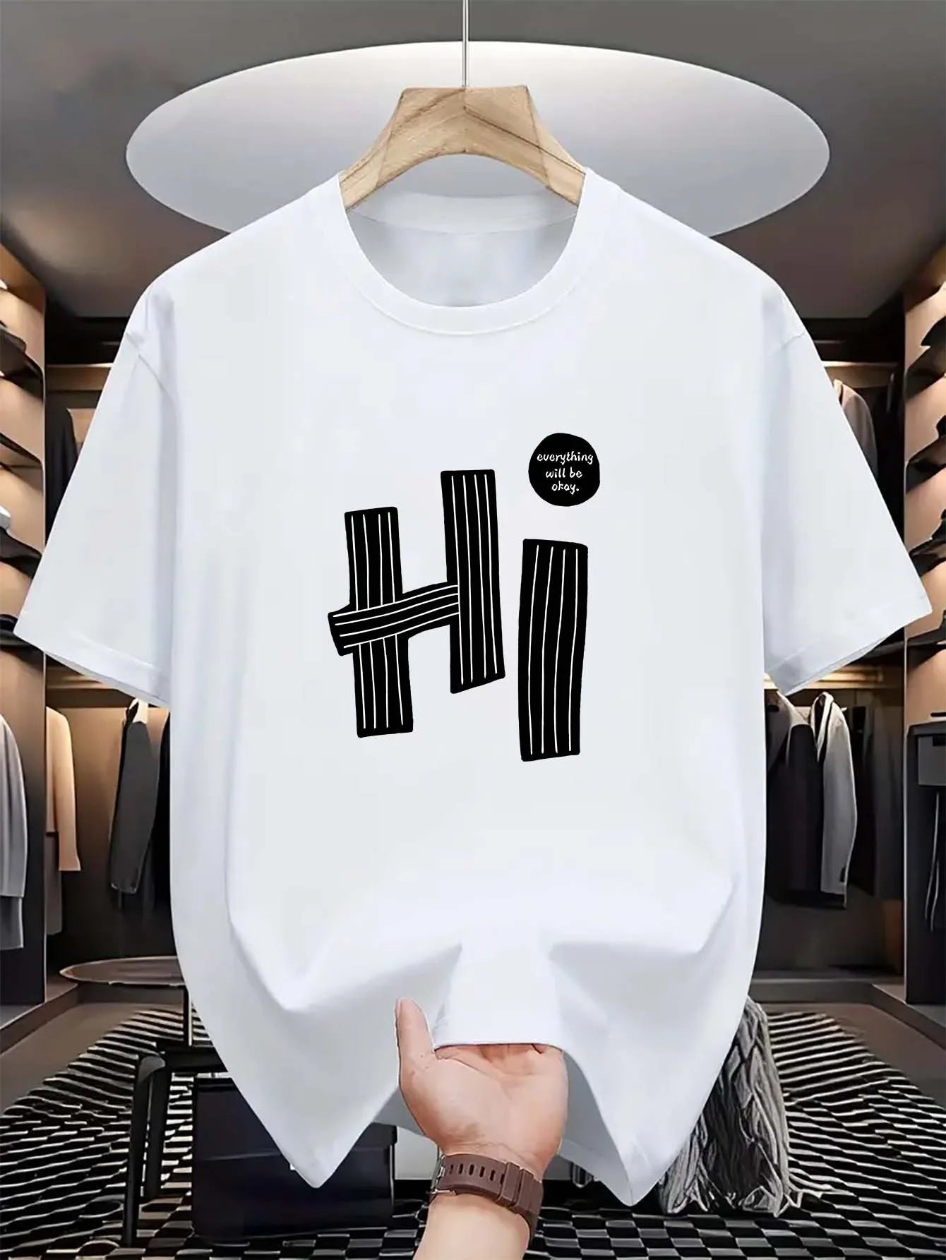 Hi Pattern Men's T-Shirt Casual And Comfortable Summer Short Sleeve Round Neck Top T-Shirt, Fashionable Machine Washable