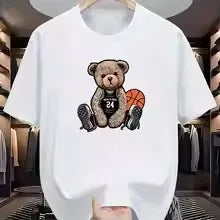 Men's Summer 100% Cotton Fashion Casual Loose Large Size Street Casual Bear Print Sports Crew Neck Short Sleeve T-Shirt