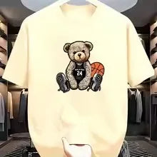 Men's Summer 100% Cotton Fashion Casual Loose Large Size Street Casual Bear Print Sports Crew Neck Short Sleeve T-Shirt
