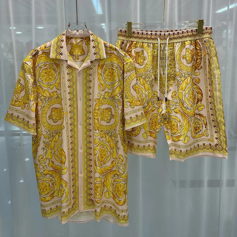Vintage Men Shirts Sets Summer 3D Print Beach Short Sleeve Shirt Shorts Casual Trip Mens Hawaiian 2 Piece Suit S-2XL Man Blouse