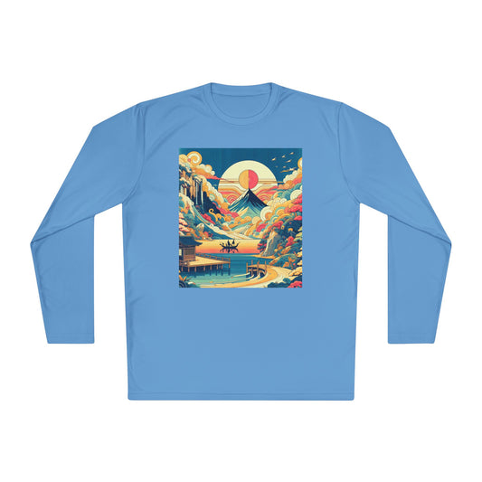 Unisex Lightweight Long Sleeve Tee with Mountain Sunset Design | Perfect for Casual Outings, Travel, Gifts, or Layering in Any Season,
