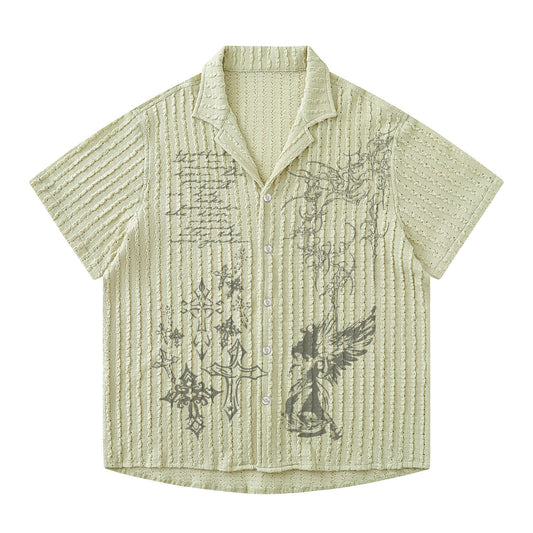 Retro Design Printed Hollow Short Sleeve Shirt for Men and Women, Loose Casual Couple Blouse
