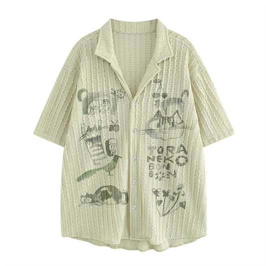 Retro Fun Print Short Sleeve Shirt Unisex Loose Casual Couple Hollow Out Blouse