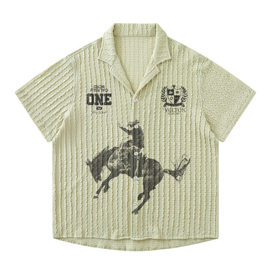 Retro Galloping Horse Print Short Sleeve Shirt for Men and Women, Hollow Loose Casual Lazy Style Couple Shirt