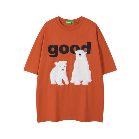 Polar bear plush round neck loose short sleeved T-shirt for men