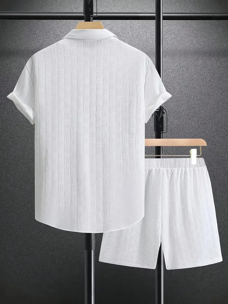 2025 New Summer Men's casual daily outdoor travel solid color jacquard lapel short-sleeved Shirt drawstring Shorts two-piece Set